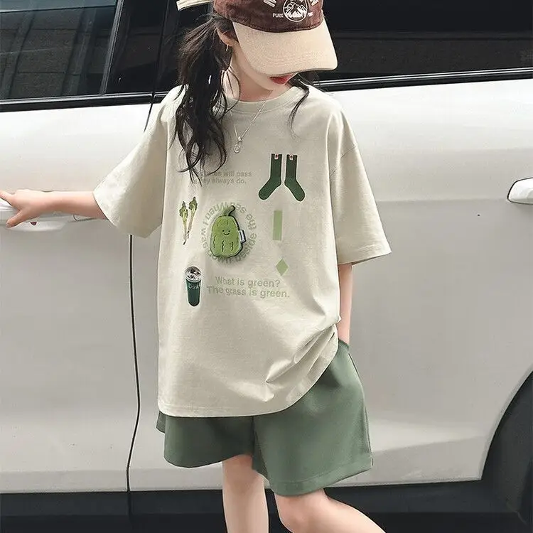 Summer Teenage Girls Clothes Set Children Lemon Fruit Printed T-shirts and Shorts 2pcs Suit Kid Top Bottom Outfits Tracksuits