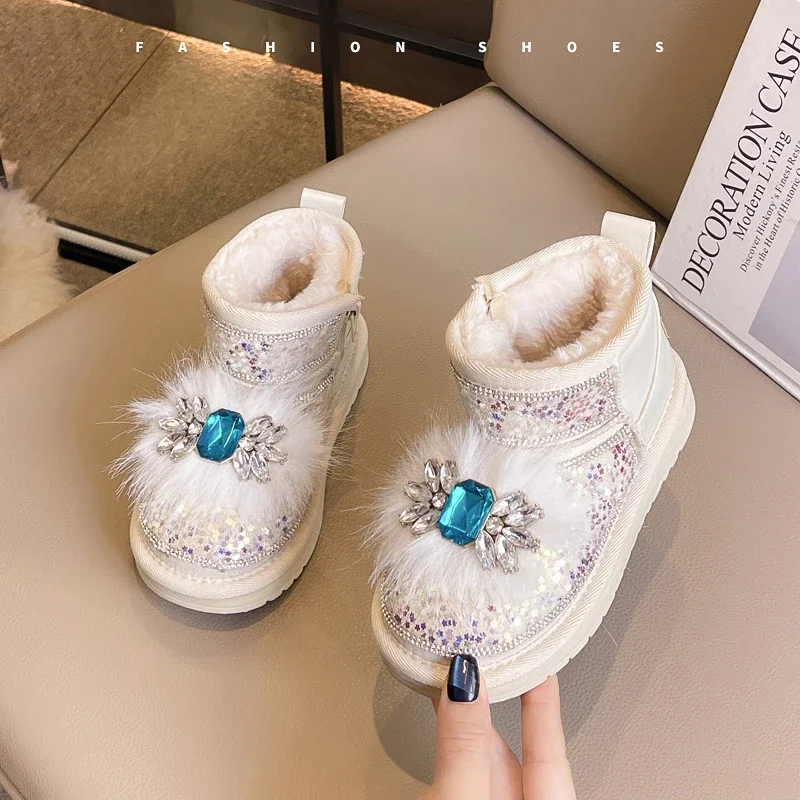 Toddler Girls Rhinestone Gem Glitter Winter Snow Boots, Furry Plush Lined Side Zipper Anti‑Slip Thick‑Sole Princess Boots