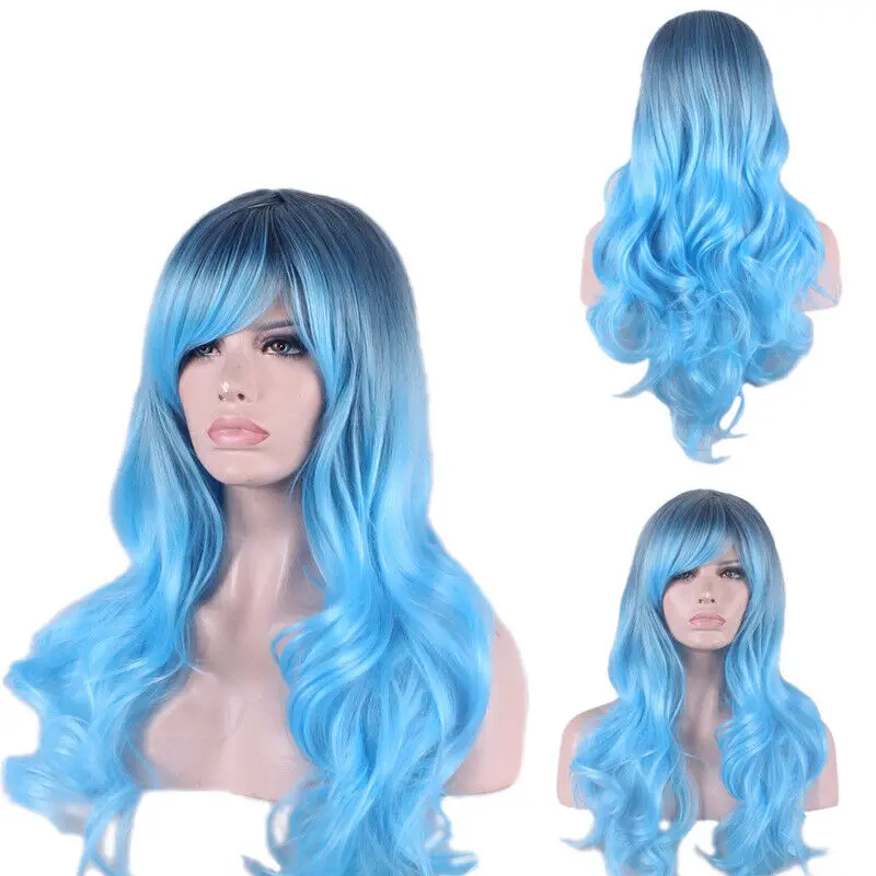 New Women Sapphire Blue Wig Long Curly Hair Wigs