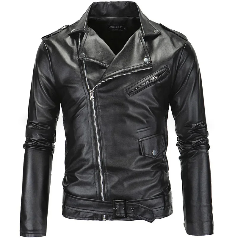 

Slim Fit Faux Leather Jacket Men's Classic Moto Biker Pu Leater Spring Autumn Basic Zipper Coat Outerwear