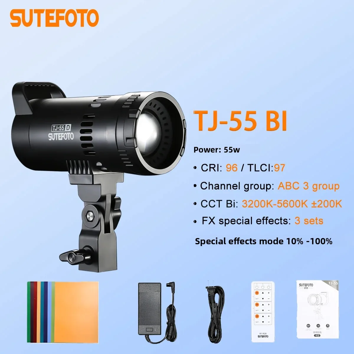 

SuteFoto TJ55 Bi-Color 55W COB Video Light 3200K-5600K±200K CRI96+TLCI97 Портативный заполняющий светильник для студии/YouTube/Vlog focus лампы