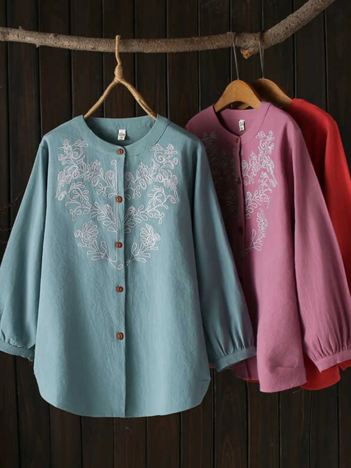 Camisa de manga farol bordada con cuello redondo para primavera y otoño, cárdigan abierto para mujer, ropa elegante para mamá, talla grande, adelgazante