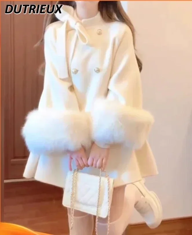 Autumn and Winter Sweet Girl Stand-up Collar Bowknot Double Breasted Woolen Cape Coat Cute White Long Sleeve Mid-Length Jacket