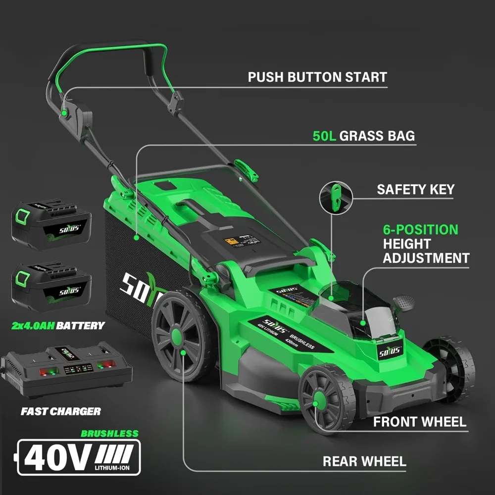 

6 Position Height Grass Brushcutter Electric Lawn Mower Cordless 17 Inch 40V Battery Powered Lawn Mower With Brushless Motor