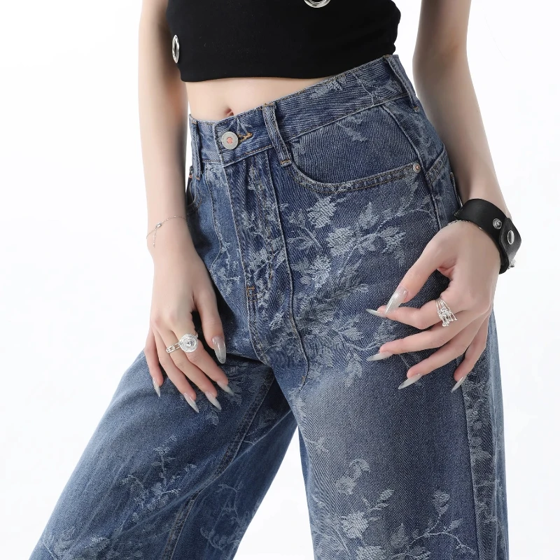 

2025 Spring Fall Women High Waisted Floral Pattern Wide Leg Denim Trousers , Woman Clothing Designer Jacquard Jeans Pants