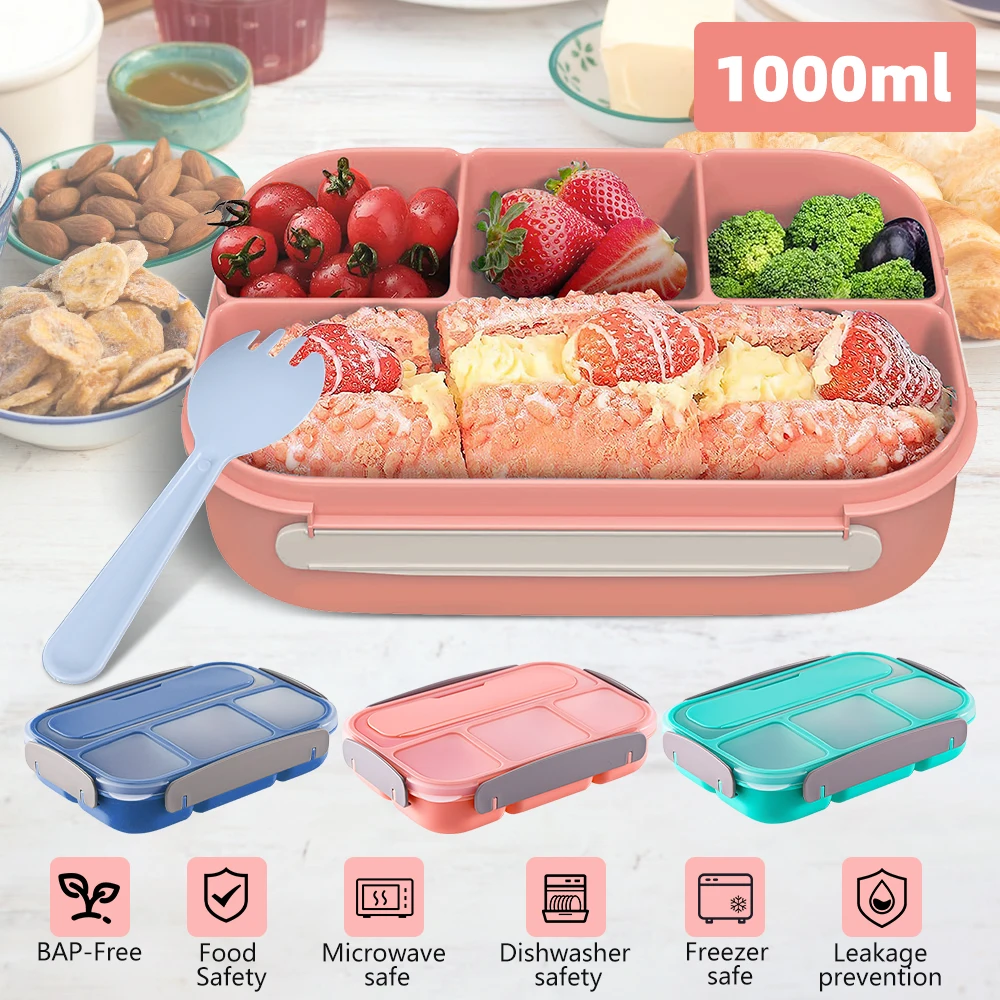 

1Layers Portable Student Lunch Box Can Be Heated In The Microwave Leakproof Thicker PP Plastic 4 Split Lunch Box with Fork Spoon