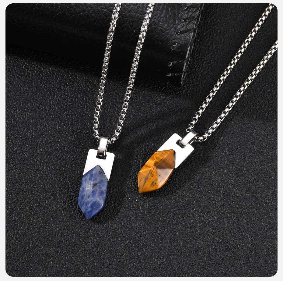 Vnox Natürlicher Tigerauge-Sodalith-Stein Anhänger Halskette für Männer, Edelstahl Geometrische Kastenkette Punk Herrenschmuck Geschenk – Detail 6
