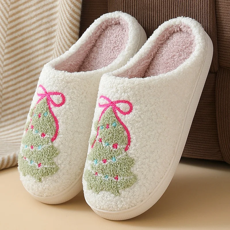 Winter Christmas Tree Cotton Slippers for Women Couple Winter Cute Cartoon Home Non-slip Sandals Adult Indoor Floor Plush Slides