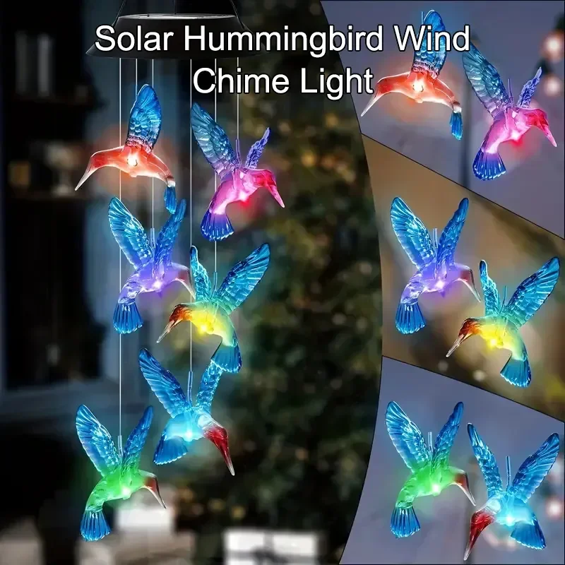 1PC Colorful Gradient Garden LED Wind Chimes Decorated Solar Hummingbird Landscape Garden Lights Decorated Atmosphere