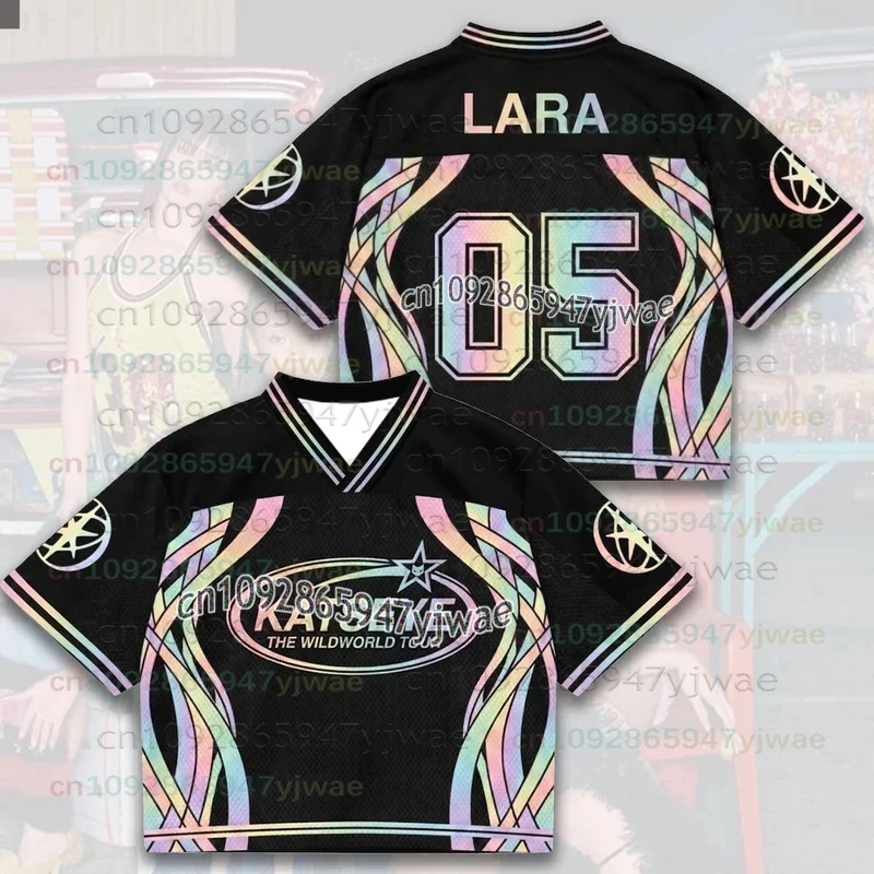 2026 New Vibrant Katseye The Wildworld Tour Mesh Jersey Gift For Eyekons Colorful Curved Strips Black Tshirt Men Women Fans Tops