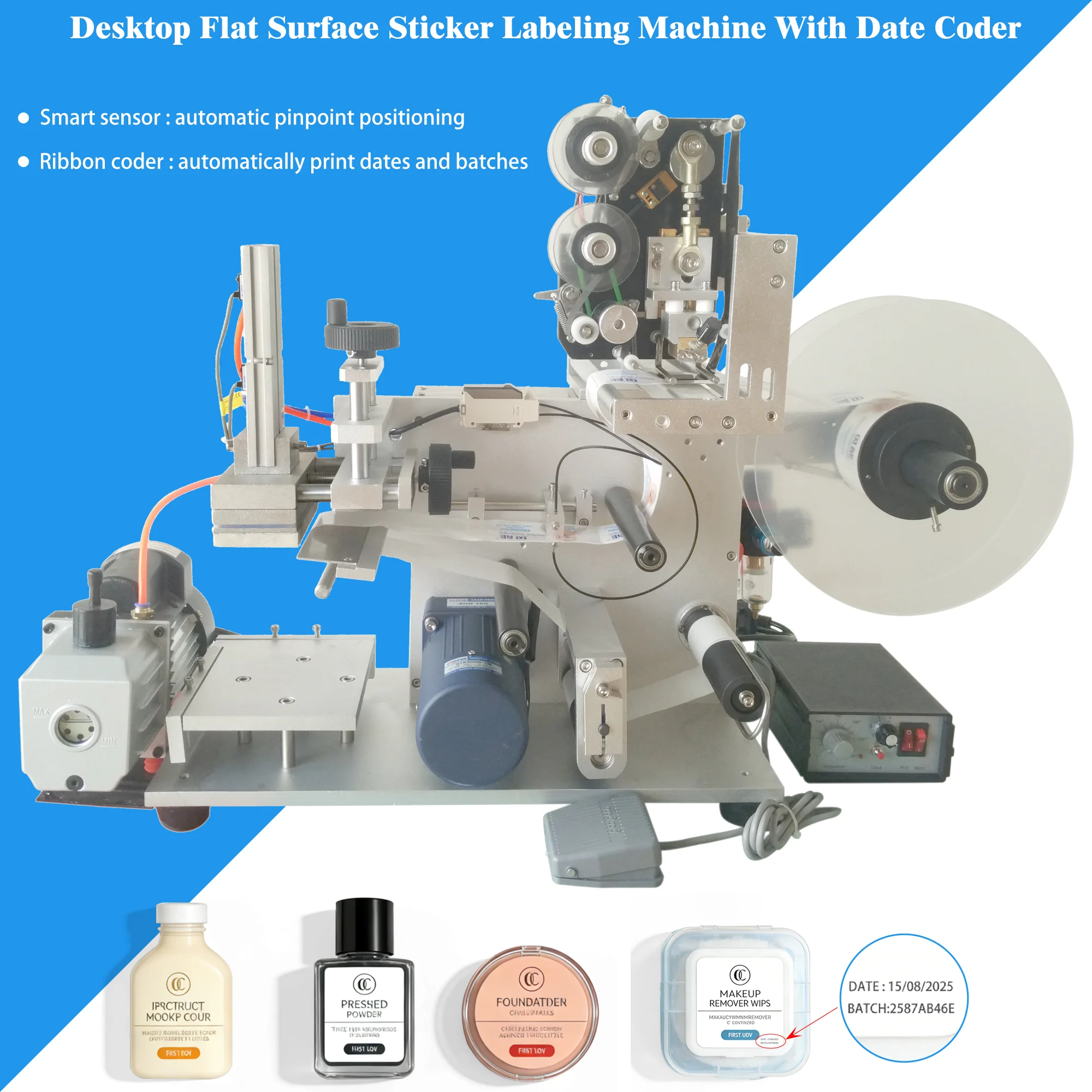 Compact Desktop Flat Surface Sticker Label Applicator Labeling Machine