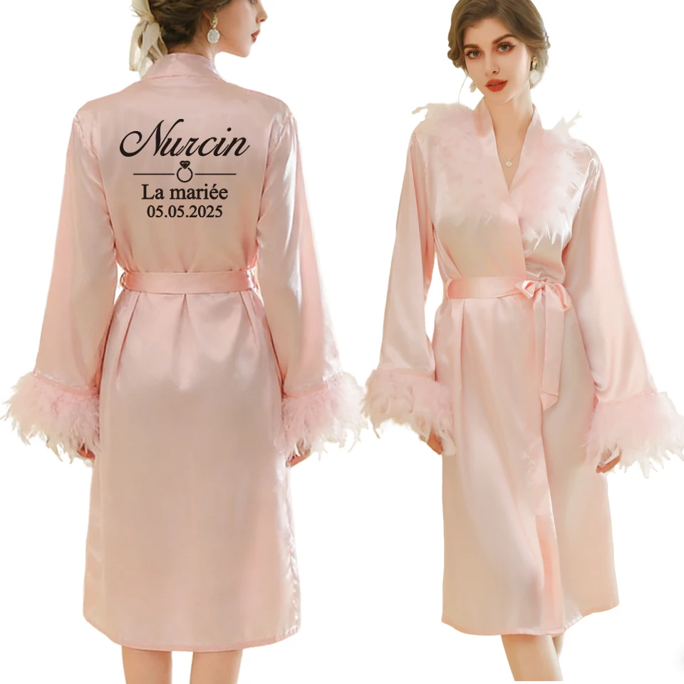 Personalized Name Date Logo Elegant Wedding Feather Robe Set Bride Bathrobe Nightwear Birthday Brial  Party  Gift