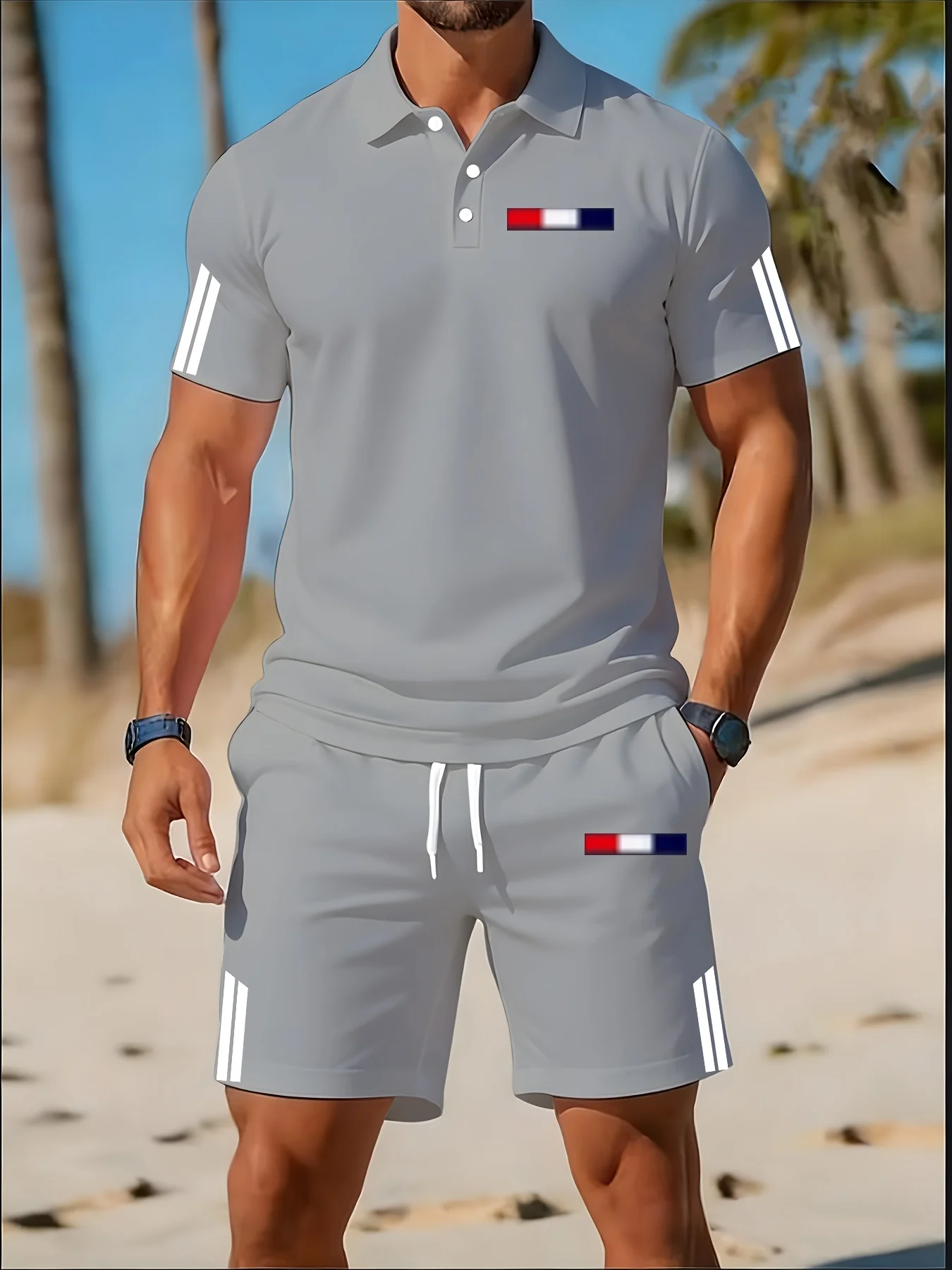 

2026 Men's Light Gray French Tricolor Flag Print with Three White Stripes Short Sleeved Shorts, Quick Drying