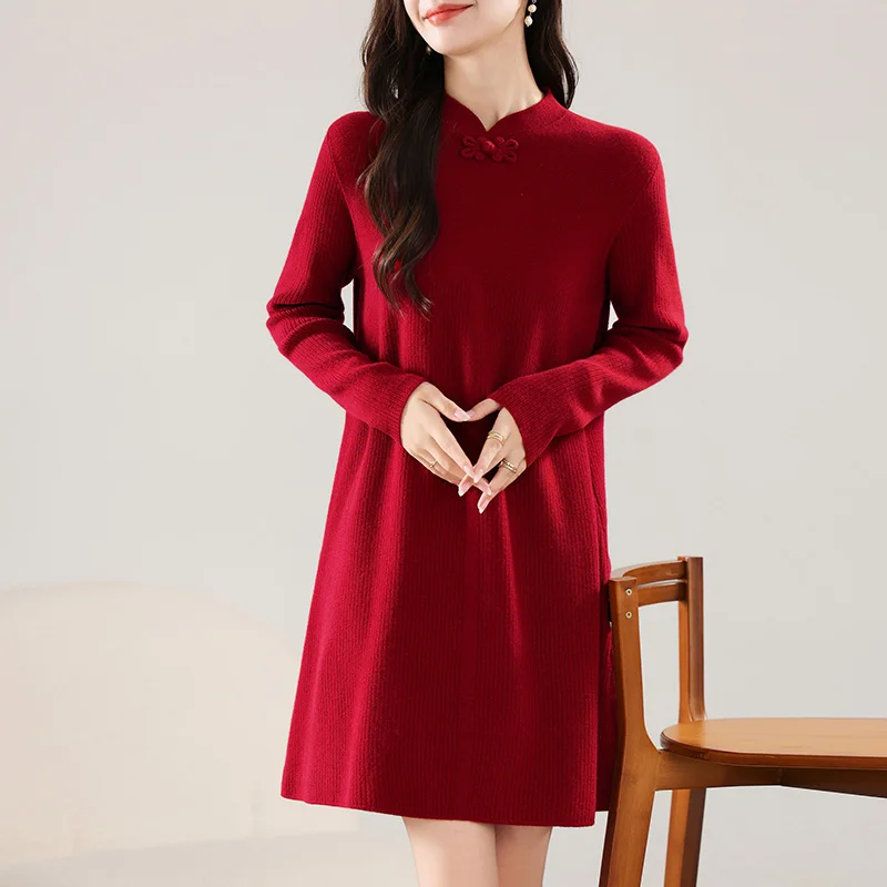 New 100% Merino Wool Knitted Women\'s Dress Hot Selling in Winter  Autumn and Winter Women\'s Dress Slimming Long Women\'s Dress