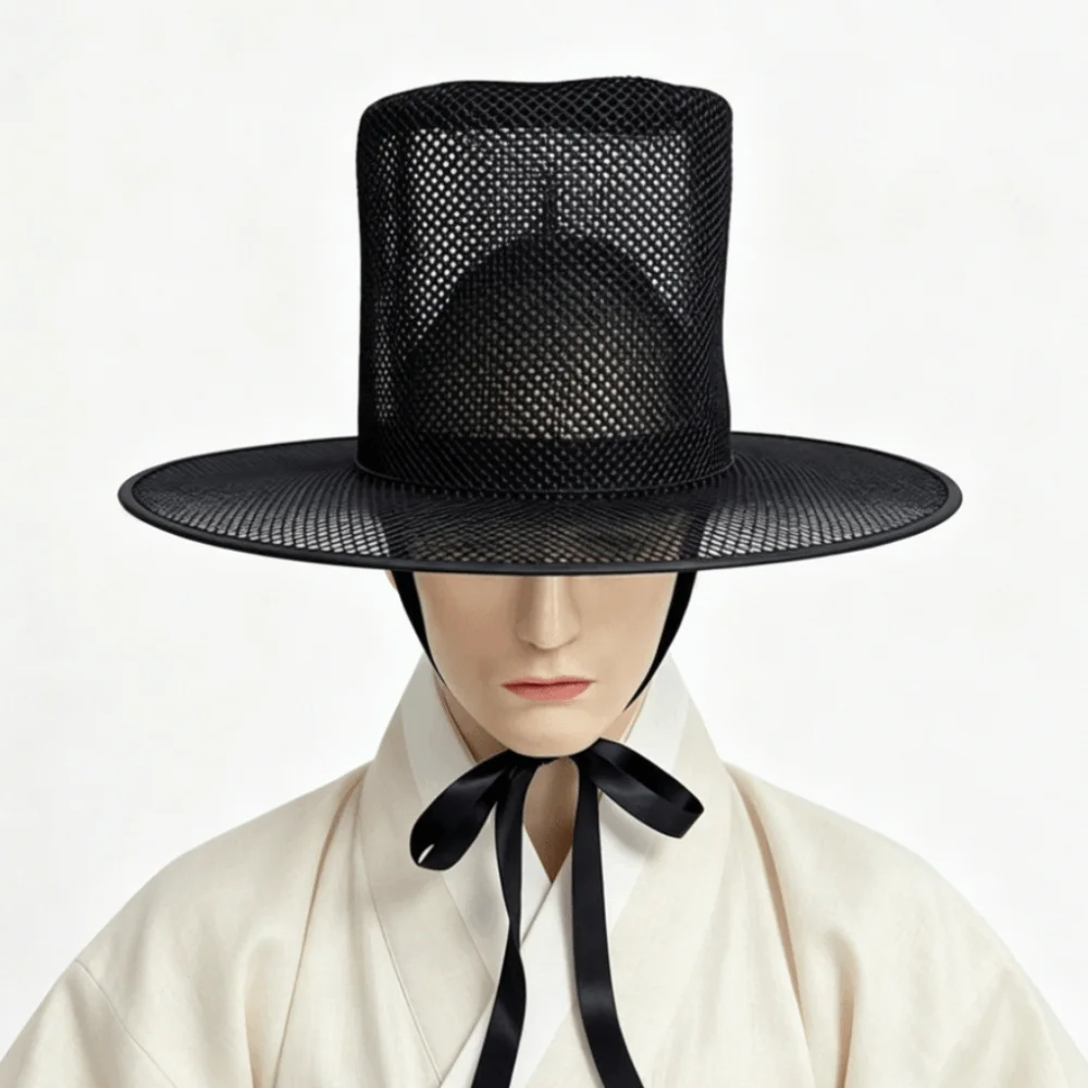 Lightweight Traditional Korean Gat Hat Adjustable Wide Brim Joseon Dynasty Hat UV Protection Ribbon Flat Topper Hat