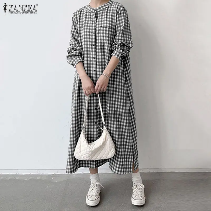 ZANZEA, vestidos largos informales a cuadros para mujer, manga larga, cuello redondo, abotonada, bolsillo con abertura lateral, Maxi vestido camisero a cuadros, ropa de mujer