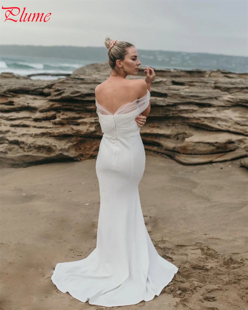 Personalizado branco jérsei vestidos de noiva temperamento sem alças fora do ombro vestido de casamento capela trem zíper voltar vestido sereia