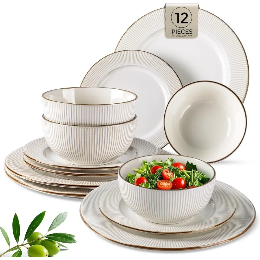 

Наборы керамической посуды, 12 шт., элегантные керамограничные тарелки и миски с тиснением, наборы для новоселья, свадебный подарок, посудомоечная машина и микрова