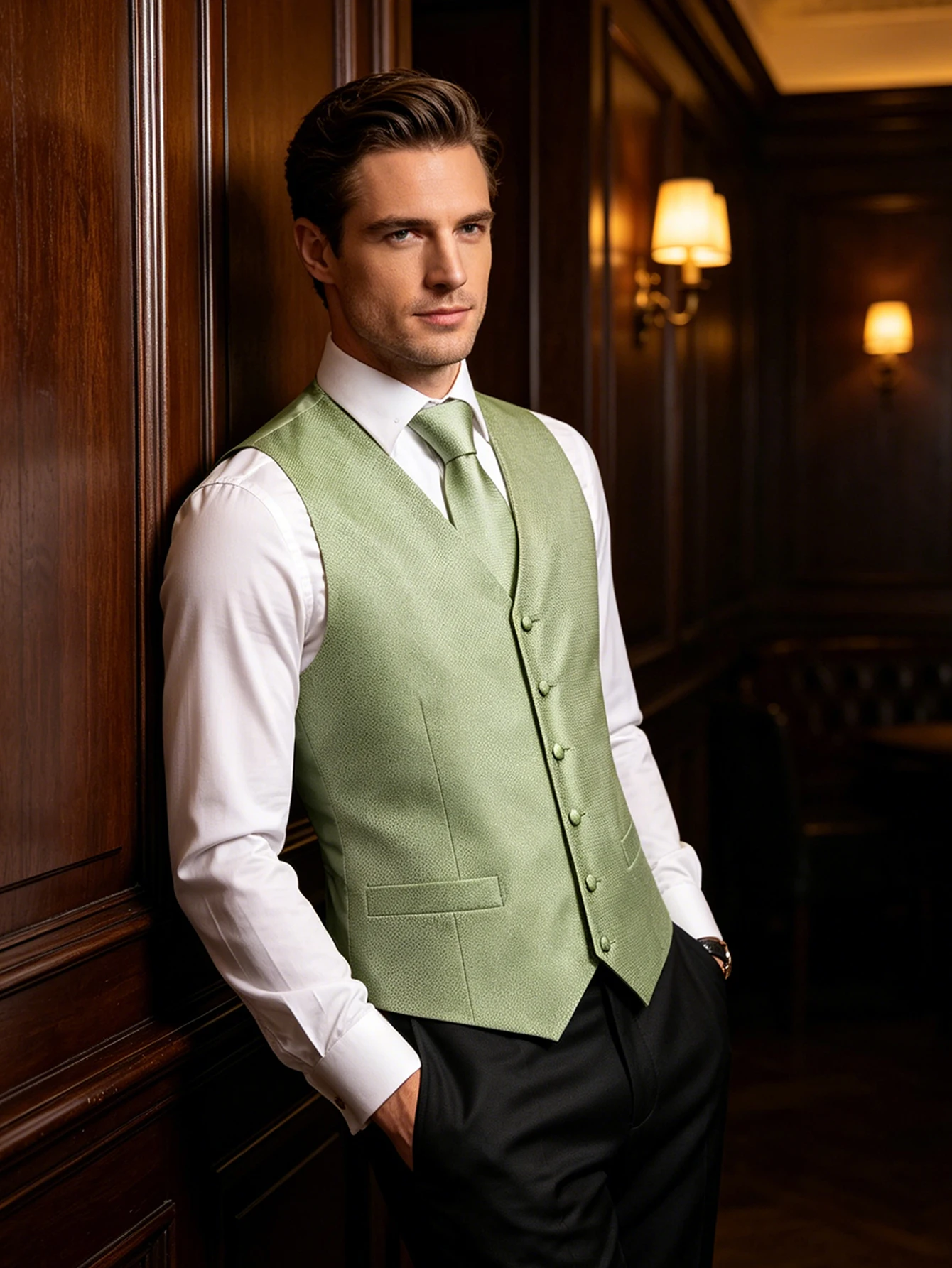Sage Green Textured Solid Vest Matching Set Tie Pocket Square Cufflinks For Gentleman Daily Banquet Business Reception