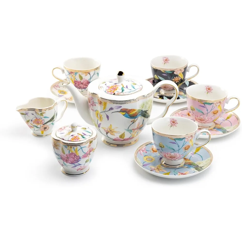 

Teaware Spring Flowers with Hummingbird Assorted Cups Fine Porcelain 11-Piece Tea Set, Regular