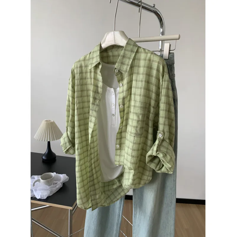 

Women Lightweight Plaid Shirts Summer Lapel Long Sleeve Loose Washed Cotton Korean Casual Shirt
