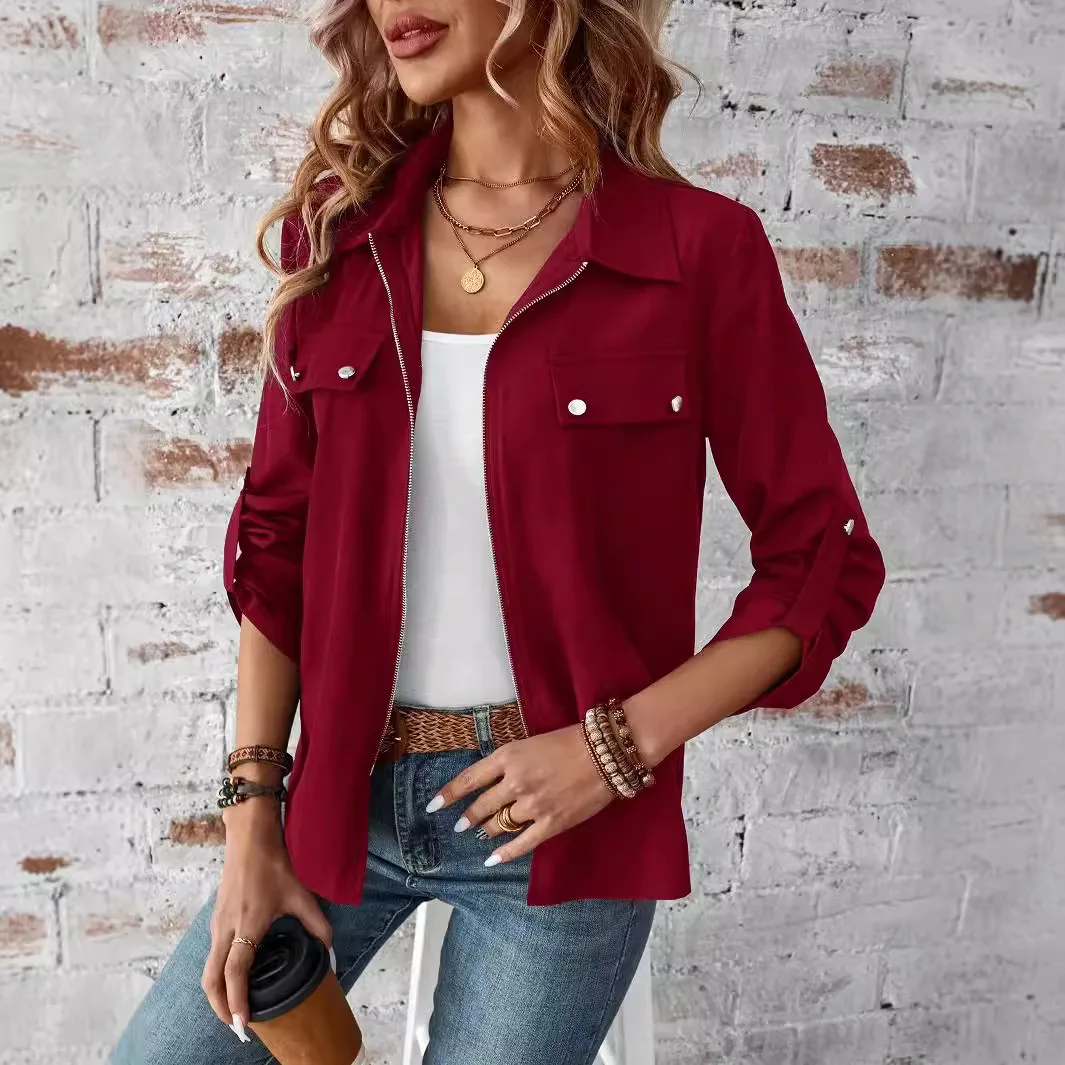 Women Autumn Solid Zipper Jacket Casual Button Long Sleeve Pocket Turn Down Collar Spring Wine Red Coats Streetwear Tops