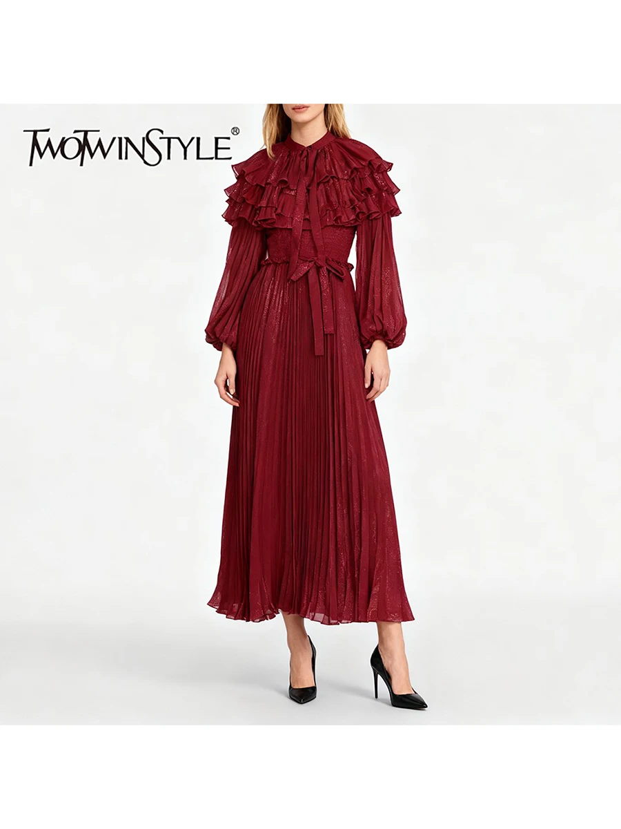 

TWOTWINSTYLE Элегантные платья для похудения с оборками и складками для женщин, платье с круглым вырезом и длинными рукавами, платье с высокой талией, женская одежда