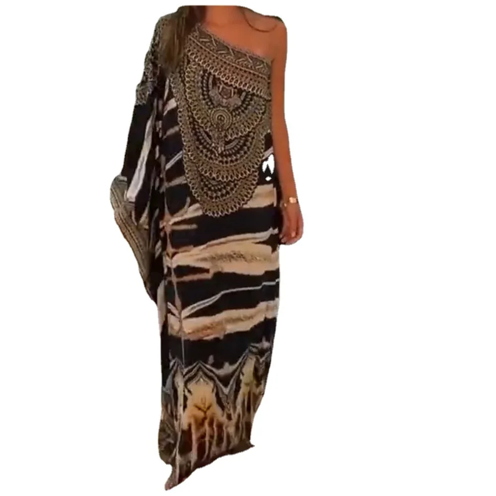 Plus Size Boho Cover Up, Women\'s Plus Animal Print Bat Sleeve V Neck Loose Split Cover Up Dress