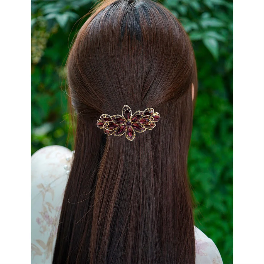 Korean version of flower crystal spring hair clips for women\'s fashion retro elegant ponytail horizontal chuck headdress jewelry