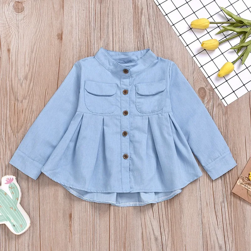 Girls Long Sleeved Shirts Small and Medium-sized Children Skirts Children Standing Collar Cotton Denim Shirts