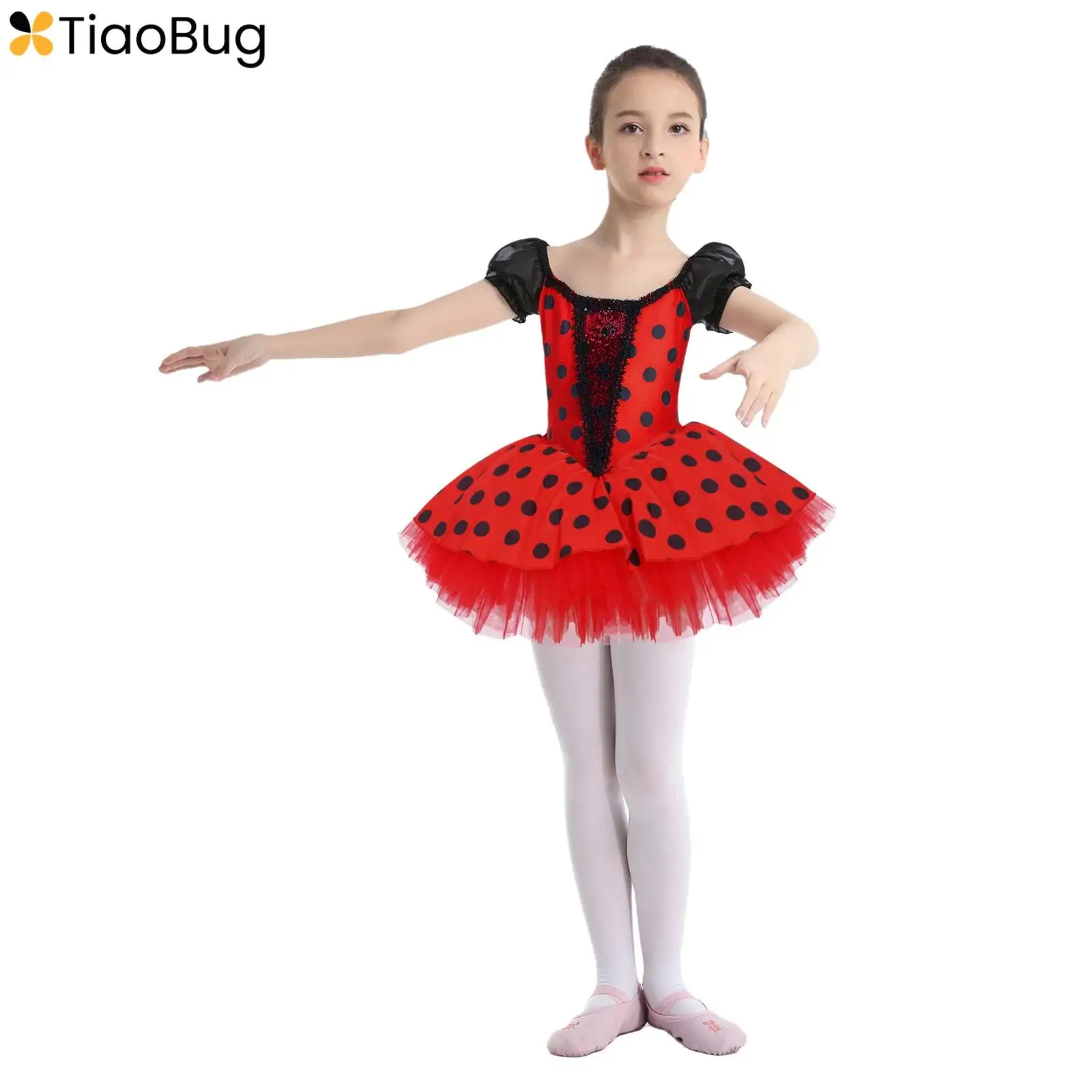 Kinder Mädchen Ballett Tutu Kleid Kurze Puffärmel Glänzende Pailletten Farbblock Punkte Trikot Kleider Professionelle Ballerina Dancewear