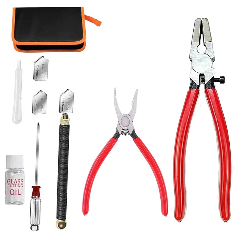 HLZS-Glass Cutters Tools Set Glass Cutting Tool Kit Glass Cutter Glass Running Pliers Breaker Grozer Pliers With Oil Feed