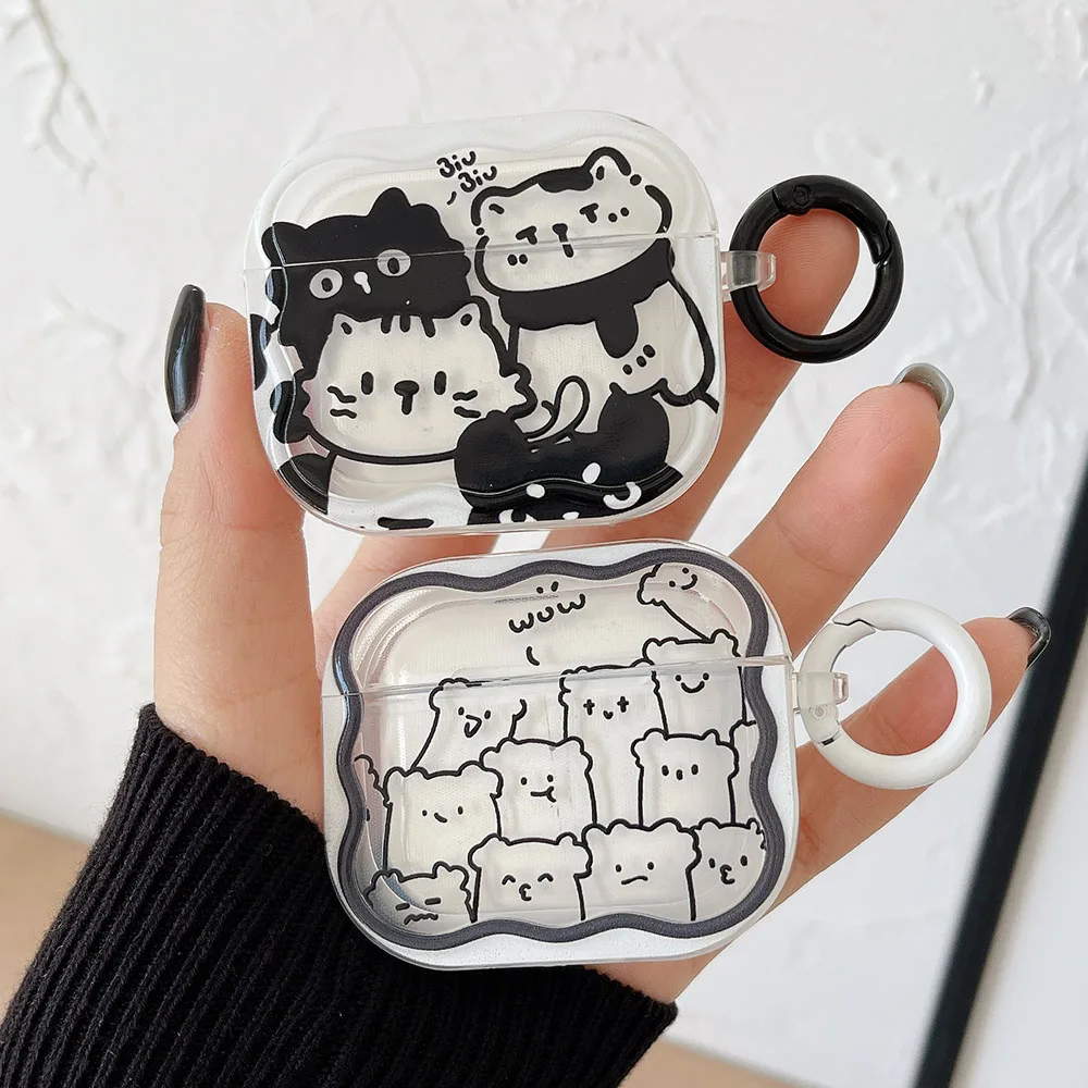 For Airpods Pro 2 Wavy Earphone Case Cartoon Cute Black White Line Stripe Cat Silicone Shell For Airpods 1 3 Transparent Headset