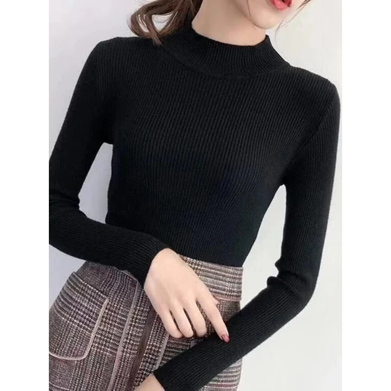 Autumn Winter mock neck women sweater vintage basic solid knitted tops casual slim pullover Korean sweaters simple chic jumpers