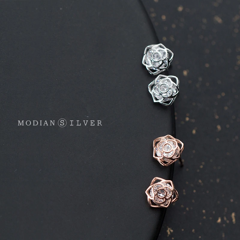 Modian Rose Flower wyczyść cyrkon romantyczny Tiny stadniny kolczyki moda srebro 925 biżuteria dla kobiet zaręczyny ślub — zdjęcie 5