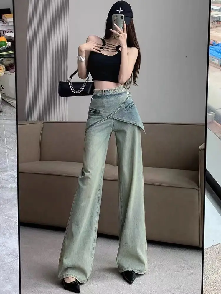 Damskie jesienno-zimowe nowe spodnie z odpinanym paskiem w talii, szerokie nogawki, styl amerykański, wysoki stan, retro jeansy streetwear