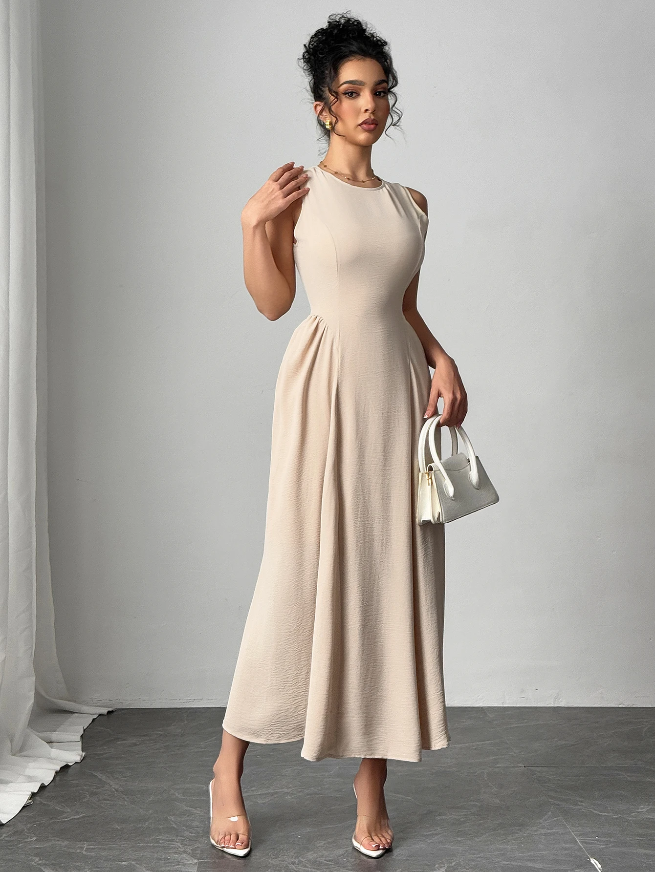 Women's Spring Summer Beige Dresses Crew Neck Cold Shoulder Sleeveless Fitted Waist Flared Midi Elegant Dress