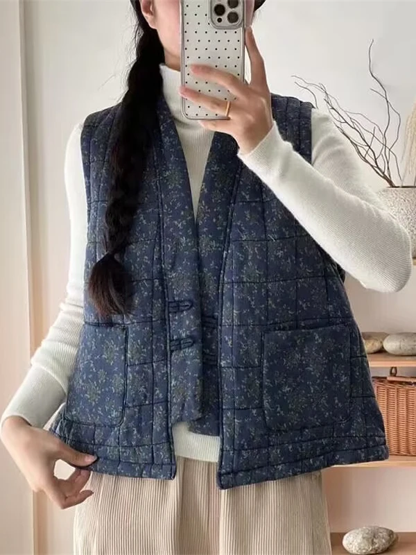 

Хлопковый льняной жилет с цветочным принтом в стиле ретро, многослойный женский жилет на пуговицах с v-образным вырезом, длина для поездок на работу, китайское происхождение