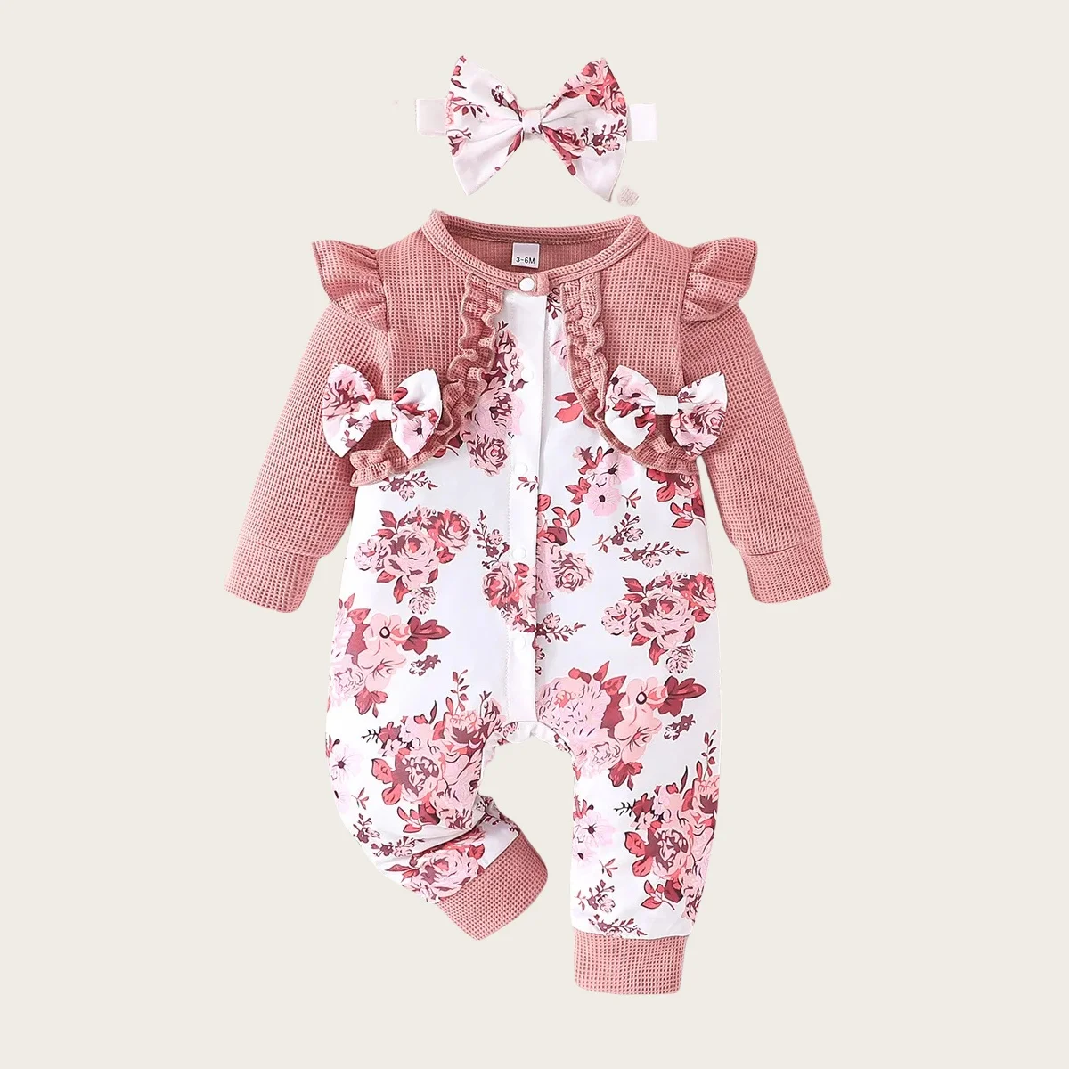 

2024 Autumn Baby Girls Romper Ruffle Big Bow Floral Long Flare Sleeve Patchwork Romper with Headband Newborn Baby Outfit Set