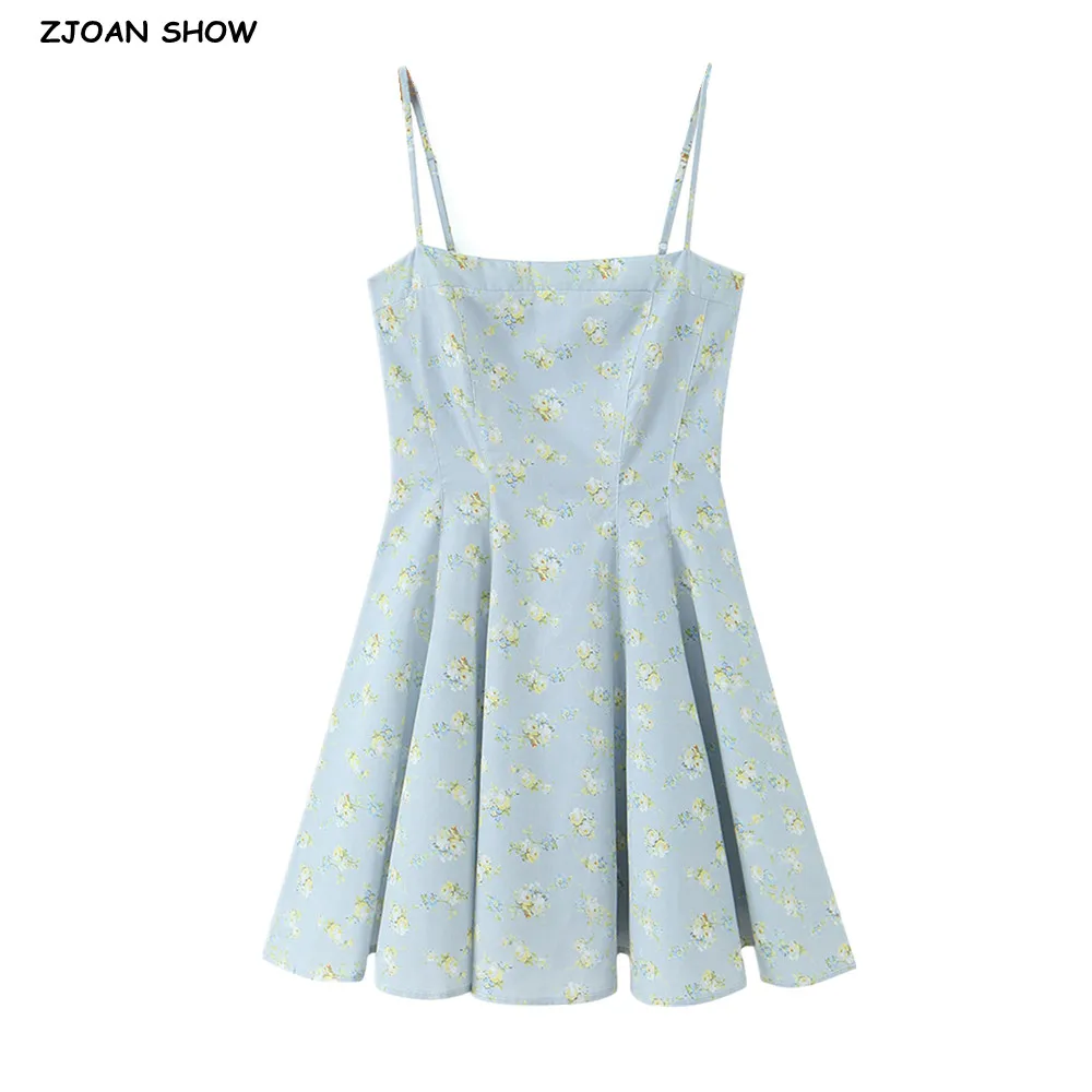 Süßes hellblaues Minikleid mit Blumenmuster, Schrägausschnitt, Reißverschluss hinten, tiefem Bund, gerafftem A-Linien-Schnitt, Swingkleid, Robe, Vestido