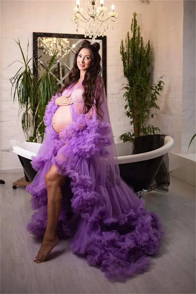 Ruffles Tulle Maternity Dresses For Photoshot Pregnant Evening Dress Long Sleeves Plus Size Sheer Prom Gown Sleepwear Robe