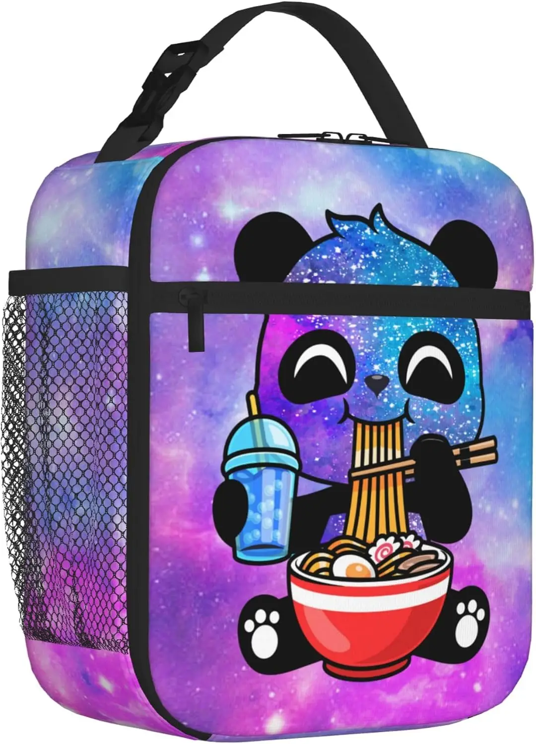 Fiambrera Galaxy Pandas para niñas, bolsa de almuerzo con aislamiento Kawaii para niños con diseño de té Boba y fideos, bonita fiambrera Pandas