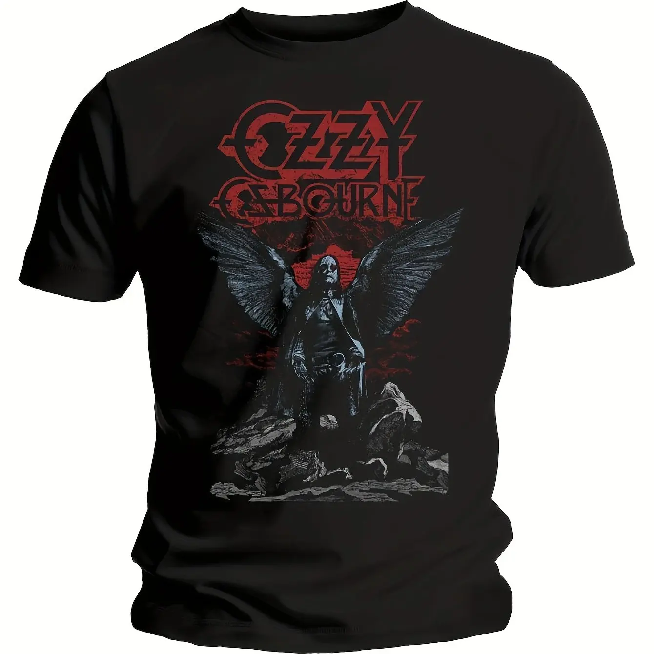 

Official Licensed Ozzy Osbourne Angel Wings Graphic T-Shirt Heavy Metal Sabbath Band Tee Black Short Sleeve Casual Shirt Clothes