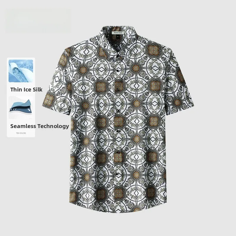 

High-End Sl Vintage Floral irt ort Sve Men's Mid-Late Age Summer Clothing Retro Sle Print Ice Silk Fabric