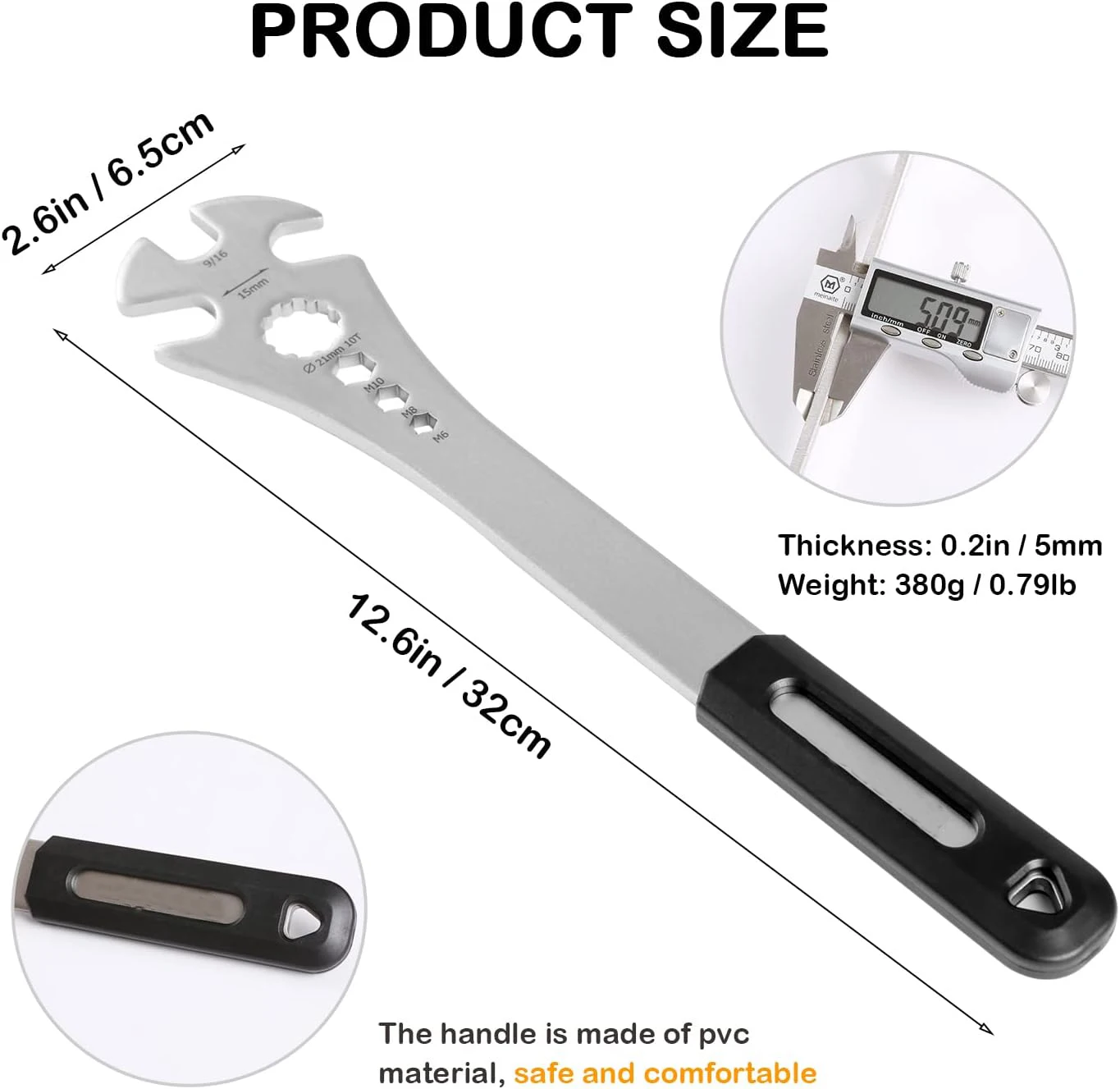 4 in 1 Bicycle Bike Pedal Wrench Bicycle Pedal Removal Tool with 320mm Extra Long Handle Multifunctional 15mm 9/16in MTB Pedal R