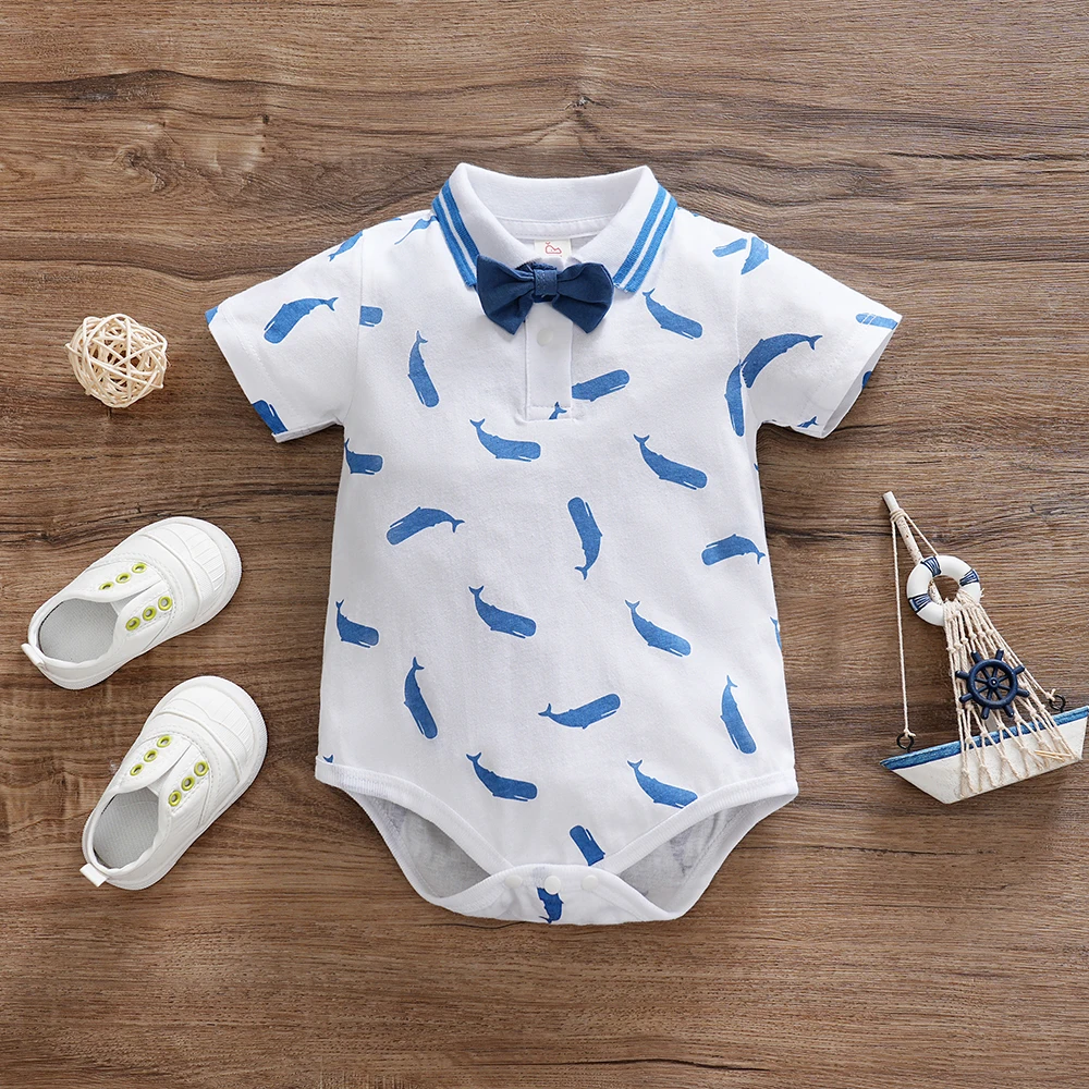 1 Pcs Baby boy Bodysuit Gentleman Style Short Sleeves Whale Print Clothes