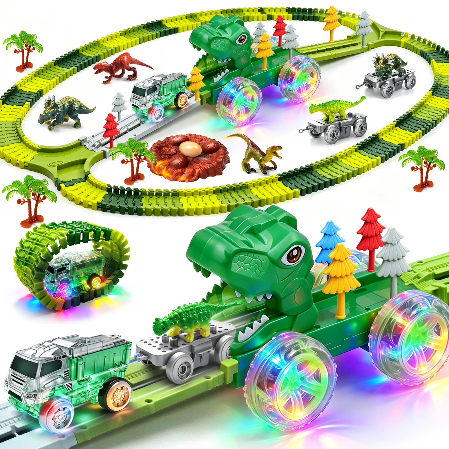 Dinosaur Race Track Toy  Flexible Bendable Train Tracks with LED Light-Up Wheels Dinosaur Truck Boys Girls Birthday Gift