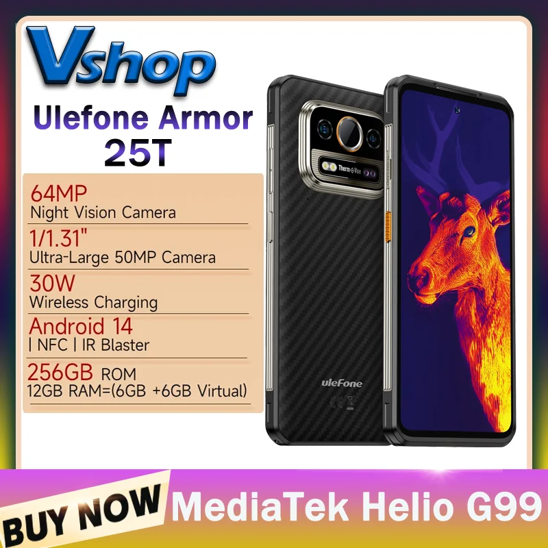 Ulefone Armor 25T 4G Thermal Imaging Rugged Phone 6GB+256GB Android 14 6.78 inch 33W 50MP+64MP NFC Global Smartphone