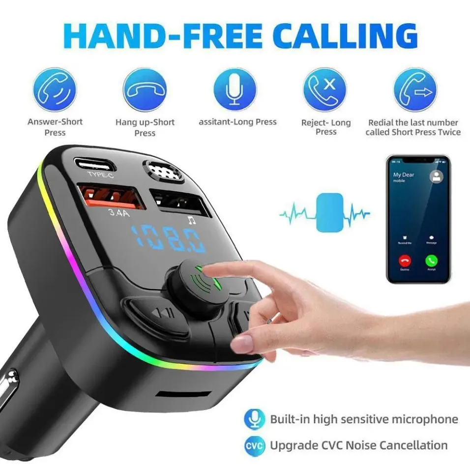 5.0 FM Transmitter Car Bluetooth PD Type-C Dual USB 3.1A Fast Charger Colorful Ambient Light Handsfree MP3 Modulator Player C9