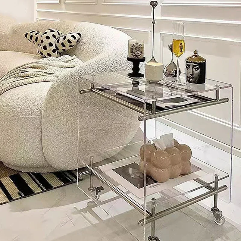 Ins Style Coffee Table Acrylic Tea Table for Living Room Glass Side Table Storage Cabinet Trolley with Wheels Home Furniture